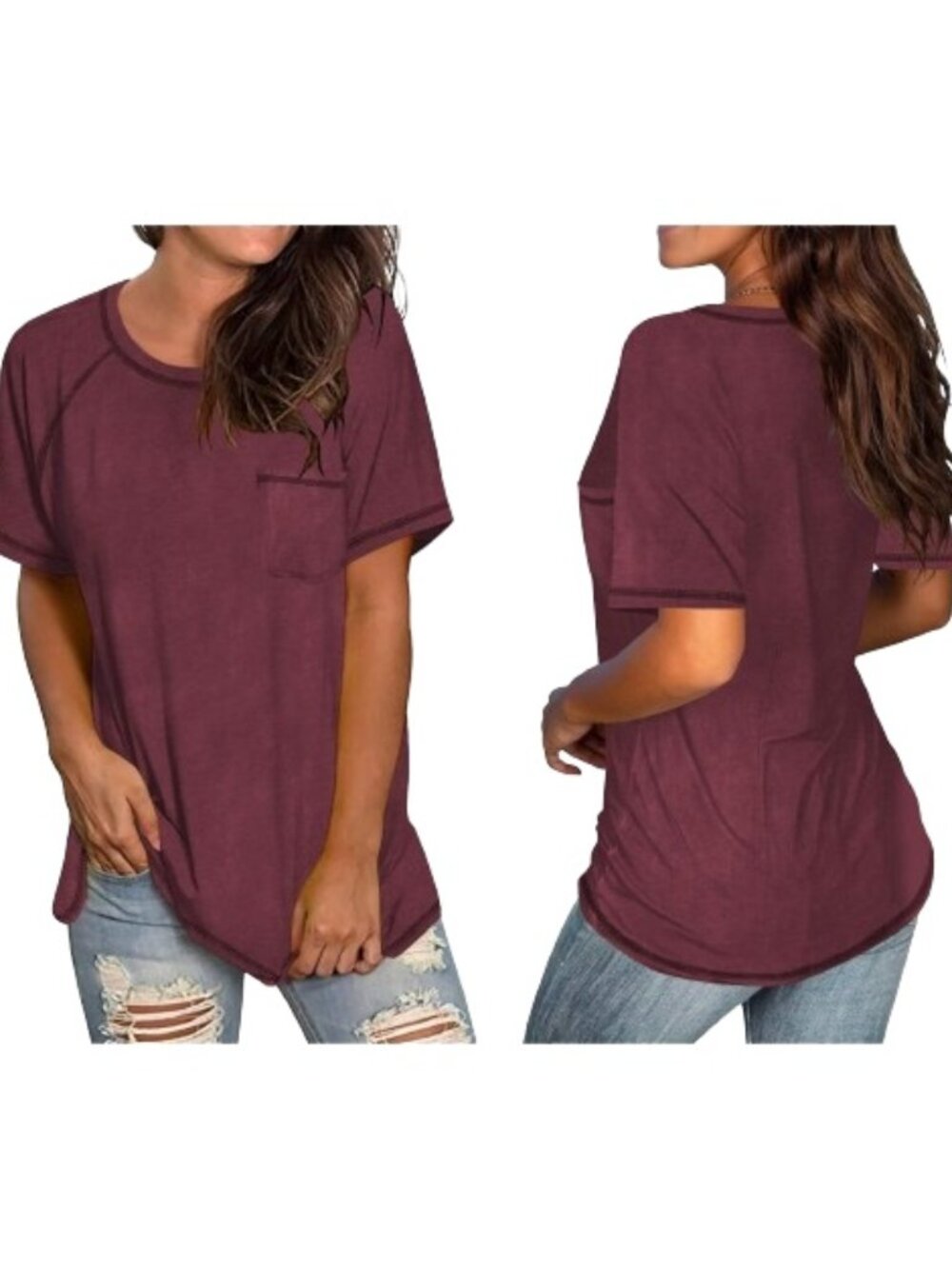 Red Casual Pocket Tee Raglan Short Sleeves Solid